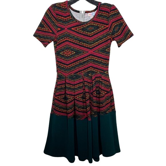 LuLaRoe Amelia XS Fit & Flare Dress Green Pink Geometric Fall Print - Picture 1 of 12